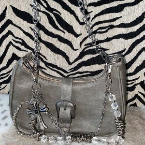 Grey Double Chain/Charm Shoulder Purse